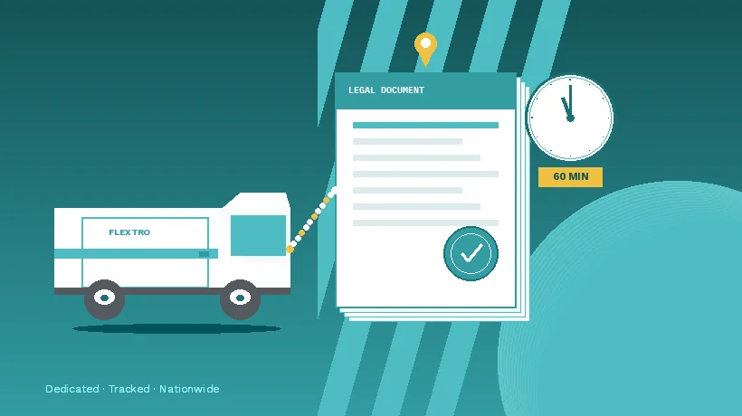 Flextro courier van delivering a legal document to a UK court building, with GPS tracking and a 60-minute collection guarantee