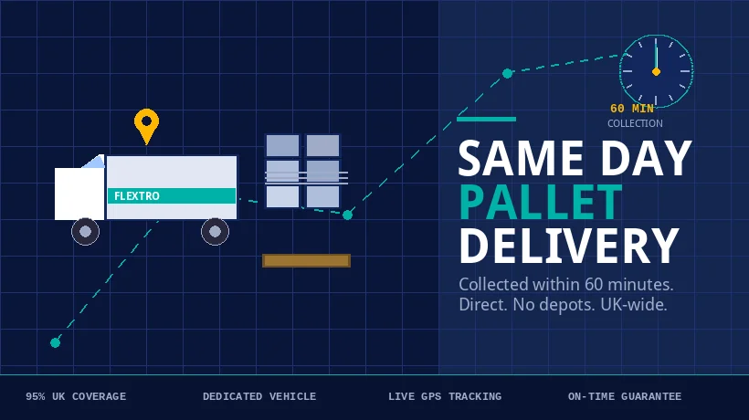 Flextro courier van with pallet showing same day pallet delivery service UK — 60-minute collection, dedicated vehicle, no depots