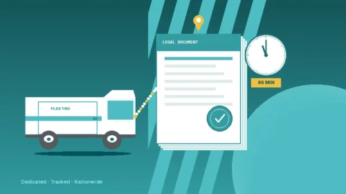 Flextro courier van delivering a legal document to a UK court building, with GPS tracking and a 60-minute collection guarantee