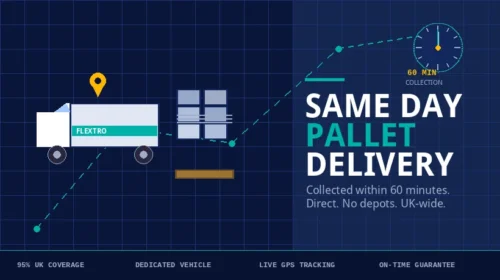 Flextro courier van with pallet showing same day pallet delivery service UK — 60-minute collection, dedicated vehicle, no depots